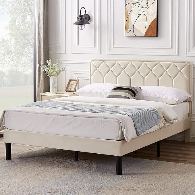VECELO Full Size Bed Frame Premium Velvet Upholstered Platform with Height Adjustable Headboard/Mattress Foundation, Solid Wooden Slat Support, No Box Spring Needed/Easy Assembly