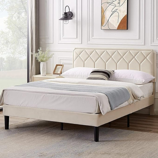 VECELO Full Size Bed Frame Premium Velvet Upholstered Platform with Height Adjustable Headboard/Mattress Foundation, Solid Wooden Slat Support, No Box Spring Needed/Easy Assembly