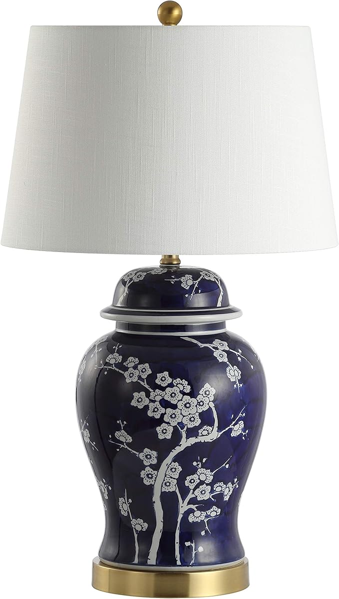 JONATHAN Y 29.5" White/Navy Blue Traditional Ceramic Ginger Jar Table Lamp for Living Room, Chinoiserie Asian Bedside Lamp with White Linen Shade and LED Bulb Included JYL3047A