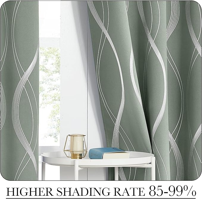 NICETOWN Greyish Green Curtain Panels for Vintage Bedroom, 52 x 84 inch, Thermal Insulated Wave Line Foil Print Design Drapes for Patio Sliding Glass Door Spring Home Decor, 2 Panels