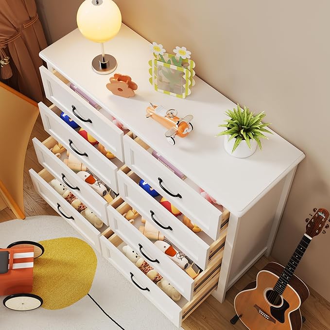 Gizoon 8 Drawer Dresser for Bedroom，Larger Chest of Drawers with Mental Handle for Kids Room, White Dresser with 8 Storage Drawers for Living Room, Entryway and Hallway, White