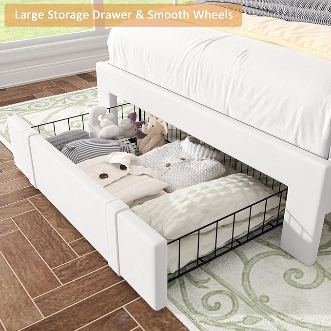 VECELO Twin Platform Bed Frame with Storage Drawer, Adjustable Velvet Headboard, Wooden Slats Support, No Box Spring Needed, Easy Assembly