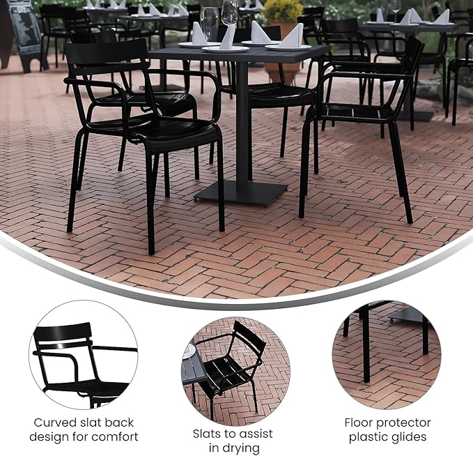Flash Furniture Nash Commercial Grade Steel Stack Chair, Indoor-Outdoor Arm Chair with 2 Slat Back, Set of 4, Black