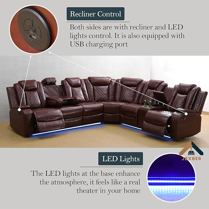 Power Recliner Sectional Sofa Set for Living Room, Leather Recliner Sofa Sets, L-Shaped Corner Sectional Couch Sets with LED Lights, Console Storage(Sectional and Chair,Red)