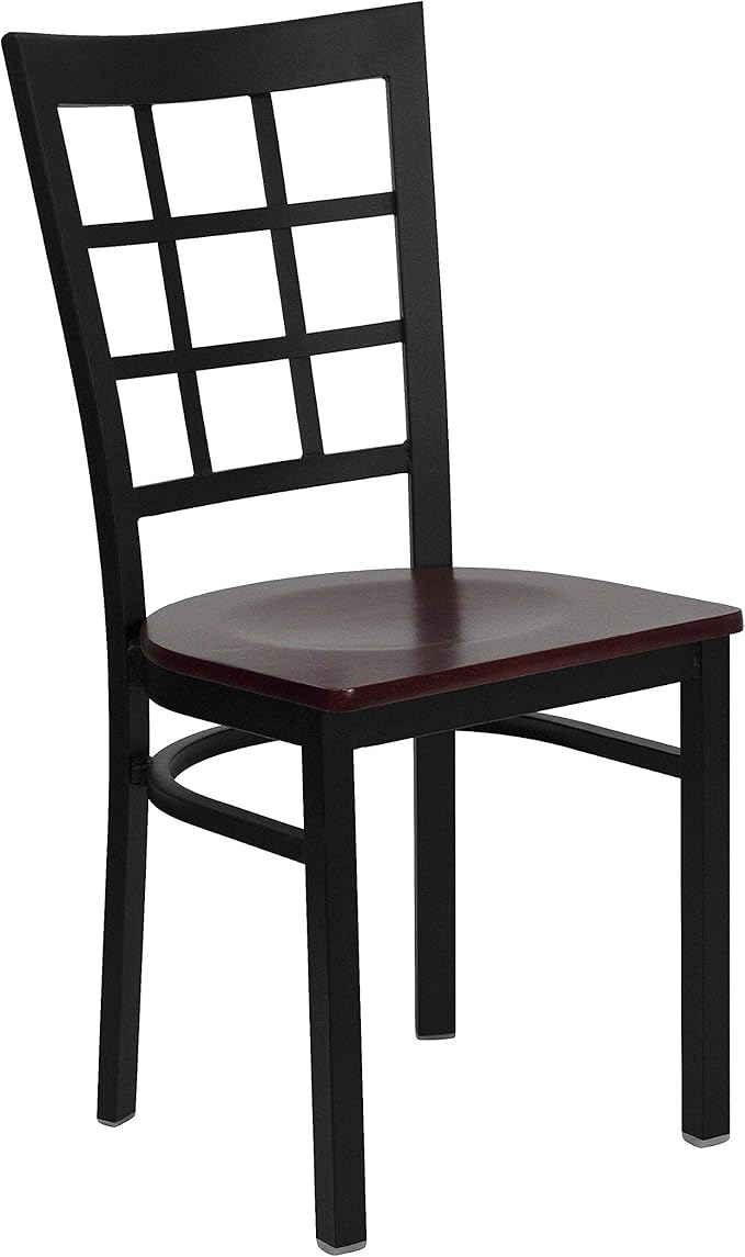 Flash Furniture HERCULES Series Black Window Back Metal Restaurant Chair - Mahogany Wood Seat
