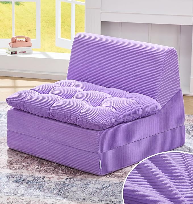Hobestluk Sofa Couch Folding Sofa Bed Comfy Floor Lounger Convertible Sofa with Removable Cushion Couches for Small Spaces Foldable Mattress for Living Room Bedroom or Office (Cordury Purple, Large)