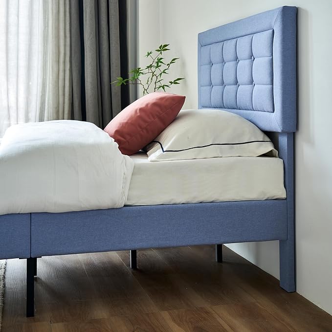 VECELO Twin Size Bed Frame with Adjustable Headboard, Upholstered Button Tufted Bedframe with Wood Slats Support, No Box Spring Needed, Light Blue