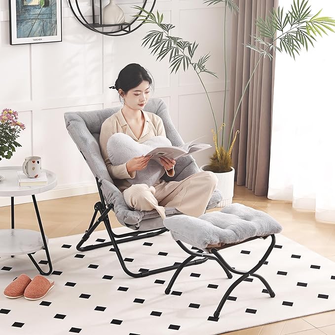 Comfy Saucer Chair with Ottoman, Oversized Folding Faux Fur Chair Soft Furry Lazy Chair with Metal Frame Moon Chair Accent Chair for Bedroom, Living Room, Dorm Rooms, Grey