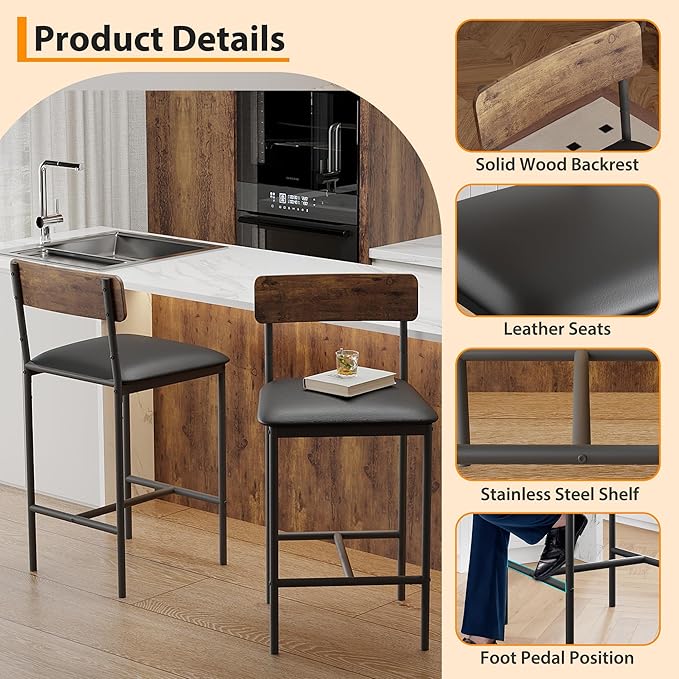 GAOMON Dining Table Set for 2, Counter Height Kitchen Table and Chairs, Bar Table Set with 2 Upholstered Bar Stools, 3 Piece Dining Room Table Set for Small Space, Apartment, Retro Brown