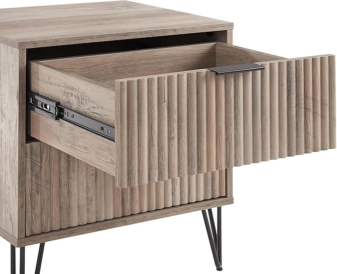 Manhattan Comfort Dumbo Modern Nightstand 2.0 with 2 Metal Feet | Splayed Gold Legs | Vertical Ribbed Design | No Tool Assembly Storage for Bedroom, Set of 2, Rustic Grey