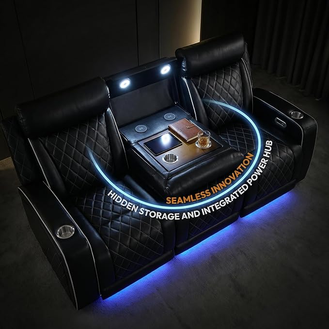 Power Recliner Sofa Set, 2PC Living Room Furniture Set with Cup Holders, Black Breathing Leather Reclining Sofa and Loveseat with LED Lights/Charging Ports/Storage Console for Living Room/Office
