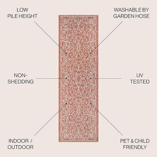 JONATHAN Y Vintage Filigree Indoor Outdoor Runner Rug 2X8 Red/Beige, Charleston Textured Weave for Backyard, Patio, Porch, Easy-Cleaning, High Traffic, Pet-Friendly, Non-Shedding (SMB106B-28)