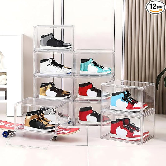 MMBABY 12 Pack Acrylic Clear Shoe Boxes Side Open Clear Plastic Stackable Sneaker Storage For Sneakerhead.Fits US Size 15