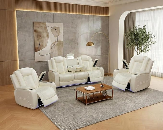 Power Recliner Sofa Set with LED, Breathing Leather Living Room Set 3 Piece, Reclining Couch and Two Chair with USB Port&Storage Console (Cream White, Upgared)