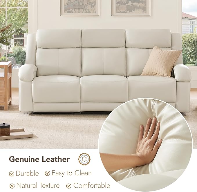 Watson & Whitely Genuine Leather Power Recliner Sofa, 3 Seater Wall Hugger Reclining Sofas with Power Headrest, USB & TypeC Ports, Electric Recliner Couch Set for Living Room, Cream