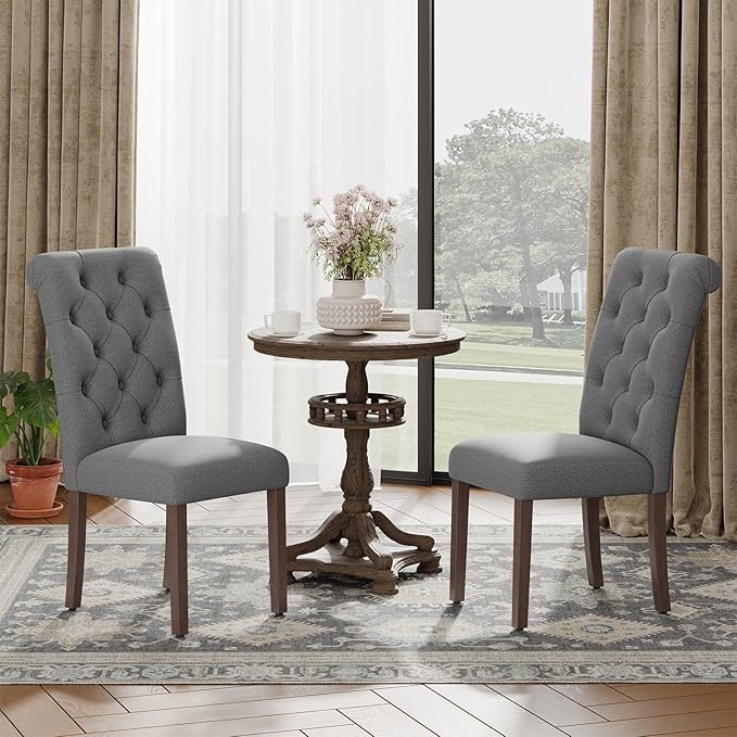 Upholstered Tufted Dining Room Chairs Set of 2, Parsons Kitchen Chairs with Padded Seat and Solid Wood Legs, Fabric Accent Side Diner Chair for Dining Room/Kitchen/Living Room, Grey