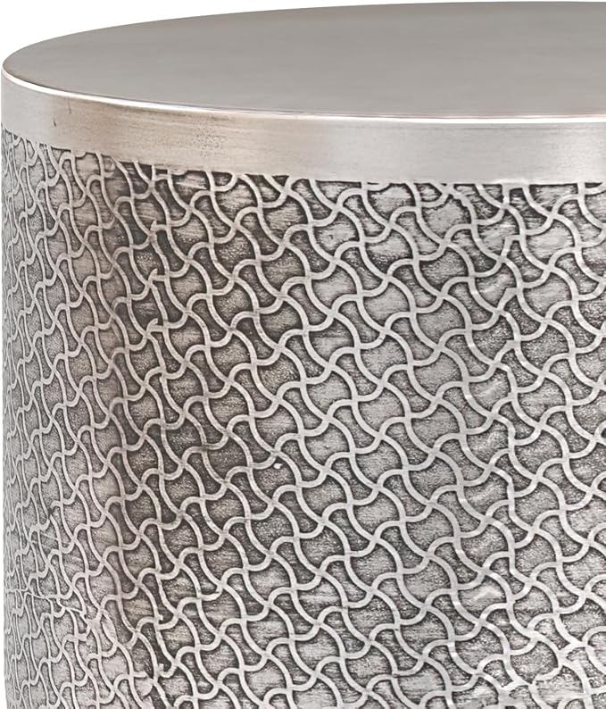 SIMPLIHOME Johnsen Metal Table - 18 inch Wide Solid Iron Round Accent Table in Antique Silver, Boho Side or End Table for Living Room, Bedroom or Family Room with Etched Web Pattern, Assembled