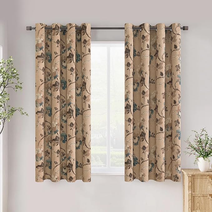 H.VERSAILTEX Blackout Curtains for Bedroom/Living Room Thermal Insulated Printed Curtain Drapes 63 Inches Long Energy Efficient Room Darkening Curtains Pair (2 Panels), Vintage Floral Brown & Blue