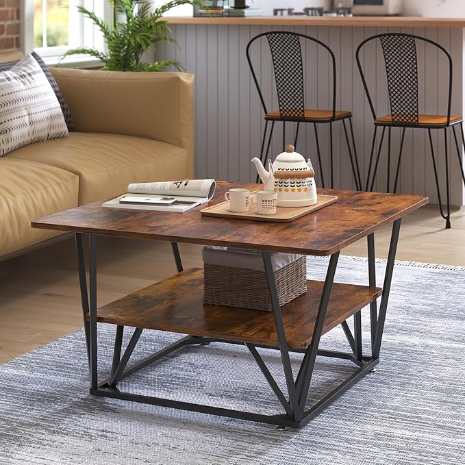 Elephance Square Coffee Table with 2-Tier Storage, 31.5 Inch Modern Tea Table for Living Room, Caramel Brown Wooden Tabletop-Almond with Black Frame
