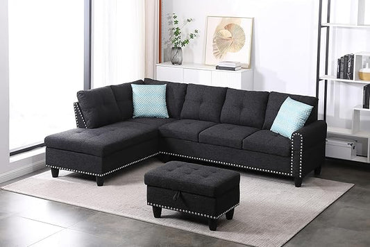 Favfurish 98" Left Hand Facing Sofa with Ottoman and Manufactured Wood Frame,L-Shaped Design Sectional Chaise W/Rounded Arms & Nailhead Trim,for Living Room,Office,Apartment,Charcoal Grey