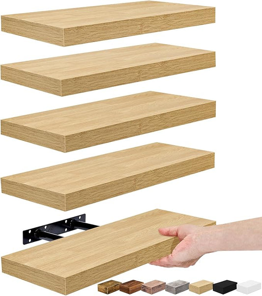 Sorbus Floating Shelves for Wall – 16 Inch Floating Shelf for Kitchen, Bedroom, Living Room, Bathroom, Home & Wall Decor - Mounted Bathroom Shelves with Invisible Brackets (Maple Wood, 5 Pack)