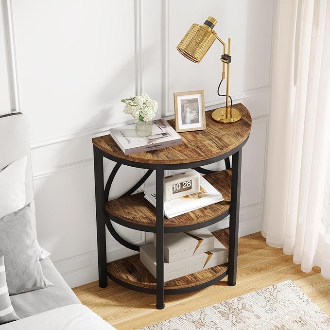 LITTLE TREE Half Round End Table, 3-Tier Narrow Side Table with Metal Frame, Half Circle Table, Half Moon Small Coffee Accent Table Bedside Table for Living Room, Bedroom