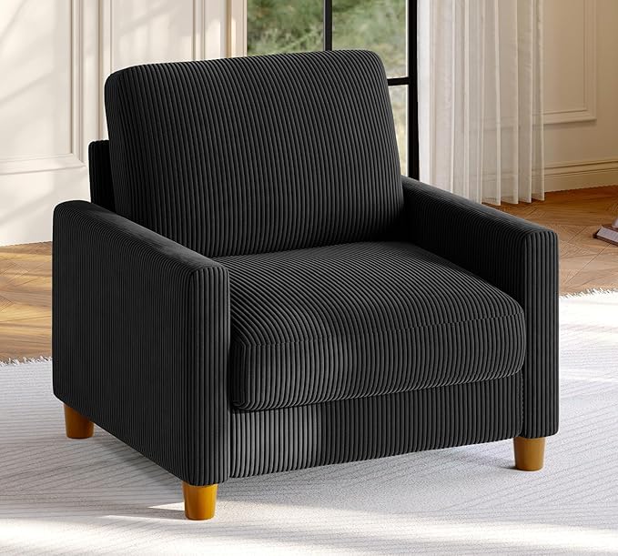 Welzona 35.3" Couches for Living Room, Comfy Black Couch Single with 22.5" Deeper Seat, Accent Chair Tool-Free Setup, Reading Chair 440lbs Support, Corduroy Couch for Bedroom, Apartment, Office