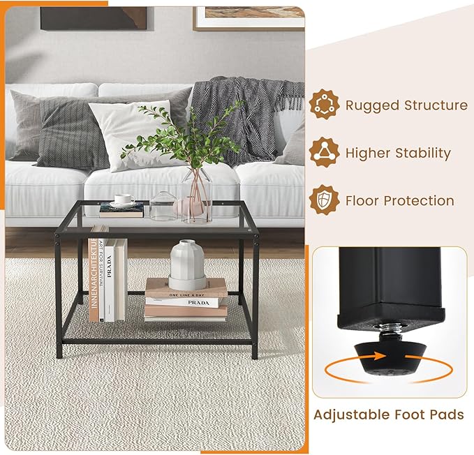 Giantex 27.5" Square Coffee Table - Tempered Glass Center Table w/Bottom Storage Shelf & Metal Frame, Modern Accent Table for Small Space, Living Room, Home, Office (2-Tier, Transparent)