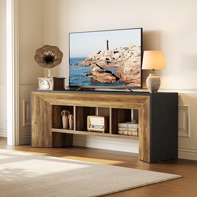 LITTLE TREE TV Stand for Up to 70 Inch TV, 63 Inches Long Entertainment Center for Living Room, Industrial Large Media Television Console Furniture with 3 Storage Cubes, Rustic Brown and Black