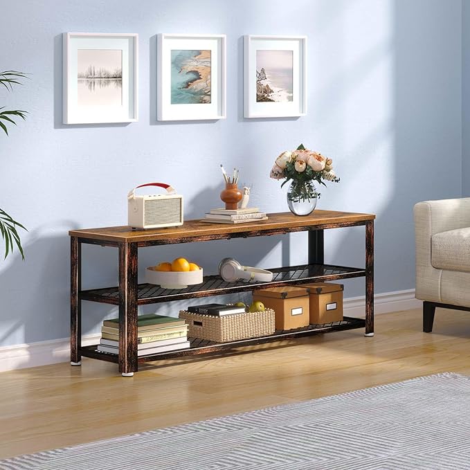 Rolanstar Shoe Bench, 3-Tier Shoe Rack, 40” Storage Entry Bench with Mesh Shelves Wood Seat, Rustic Foyer Bench for Hallway Front Door, Doorway, Living Room, Mudroom, Steel Frame, Rustic Brown