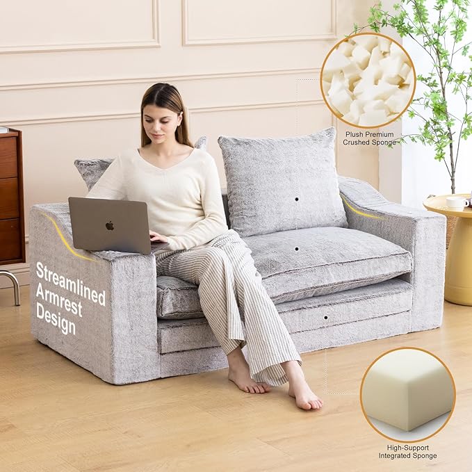 61" Convertible Sofa Bed Loveseat, Memory Foam Boneless Floor Couch with Removable Faux Fur Cover, Tri-folding Compact Full-size Sleeper for Small Living Room, Playroom, Guest Room, RV (White-Coffee) | Convertible Sofa Bed, Premium Memory Foam, Ergonom...