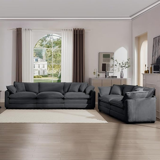 KEIKI 2-Piece Sofa Set with 1 Oversized Corduroy 3-Seater Sofa & 1 Loveseat Sofa, Upholstered 5-Seater Couch Set with 9 Pillow, High-Density Foam Cushions, Removable Armrests, for Living Room, Grey