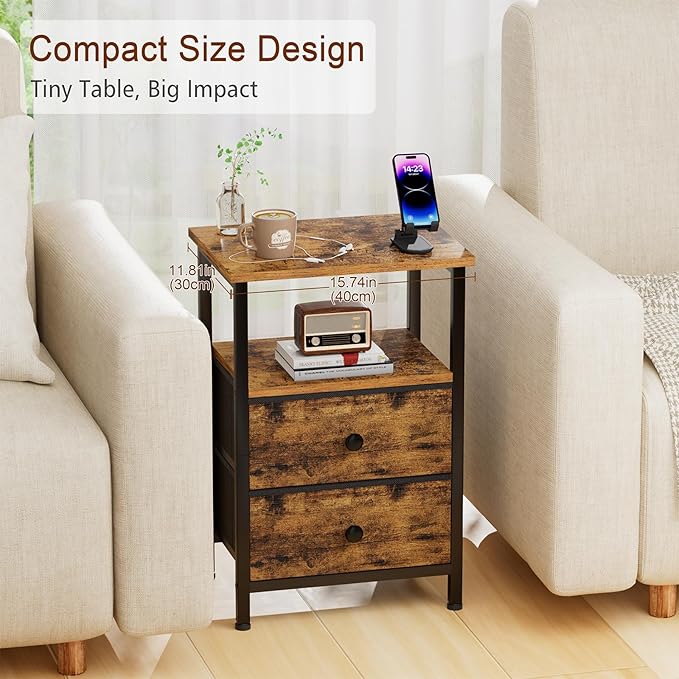 Night Stand Set 2, Bed Side Table with 2 Fabric Drawers, Nightstand with Open Storage Shelf for Bedroom, Small End Tables Living Room, Rustic Brown, HETS002BR