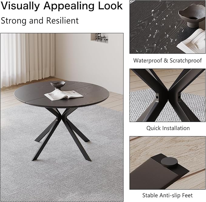 ALBAD 46.4" Round Dining Table, Mid Century Modern Round Dining Room Table for 4-6 with Metal Legs, Easy Assembly Coffee Table, Space-Saving Design for Kitchen and Dining Room