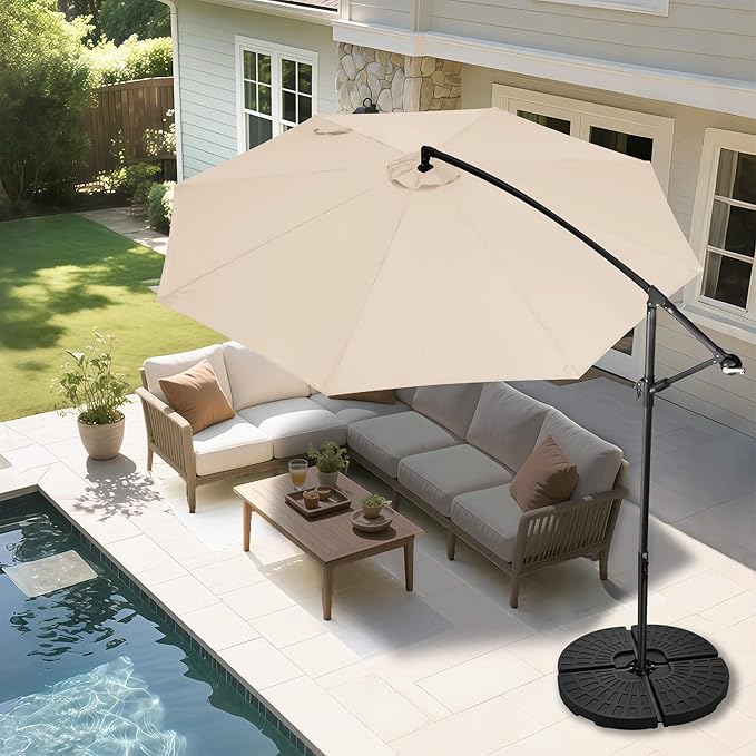 FLAME&SHADE 10ft Cantilever Patio Umbrella Outdoor, Large Offset Umbrella with Crank and Cross Base, UPF 50+ UV Protection Hanging Umbrella for Pool Deck Garden, Beige