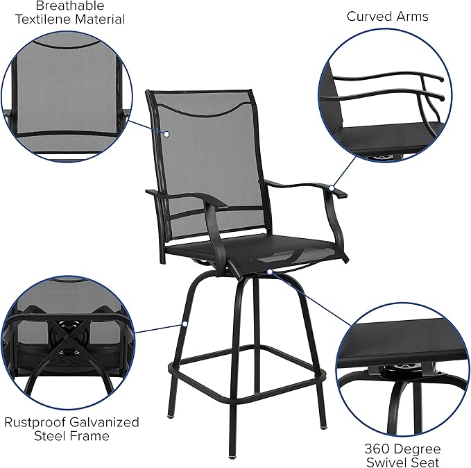 Flash Furniture Valerie All-Weather Swivel Patio Barstools with Footrest and Armrests, Modern Sling Outdoor Bar Height Stools, Set of 2, Black