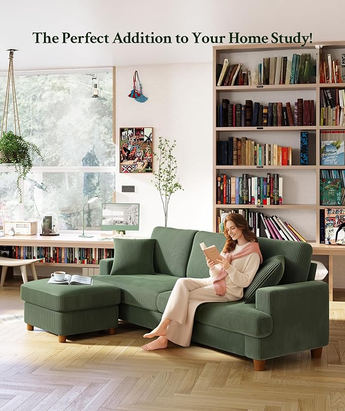 Welzona 87.2" Couches for Living Room, Comfy L Shaped Couch Green 7.5" Thicker Cushion, Sofas for Living Room Tool-Free Setup, Loveseat with Ottoman 848lbs Support, Corduroy Couch for Bedroom, Office