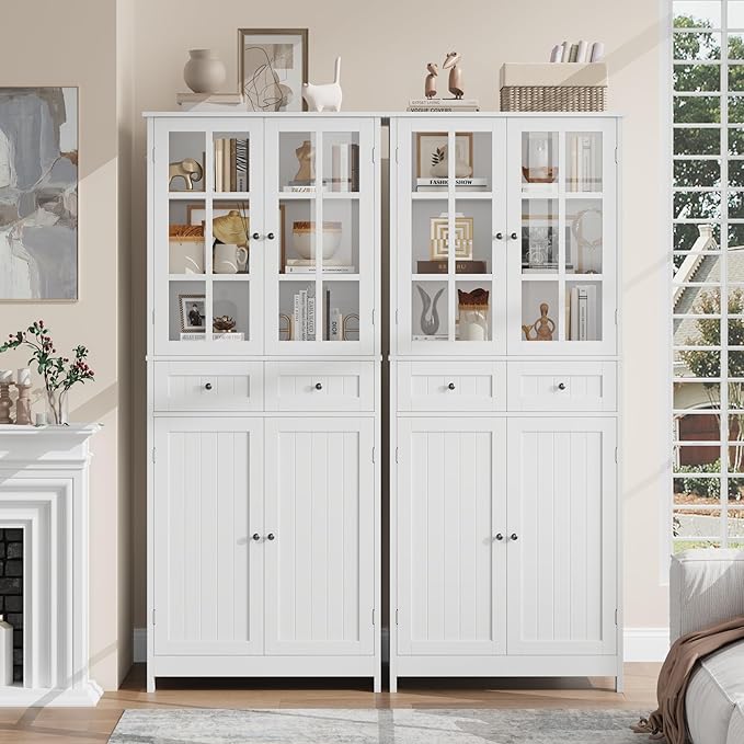 71" Tall Kitchen Pantry Storage Cabinet, Pantry Cabinet with Drawers and Glass Doors, Freestanding Kitchen Cupboard for Dining Room, Laundry, White
