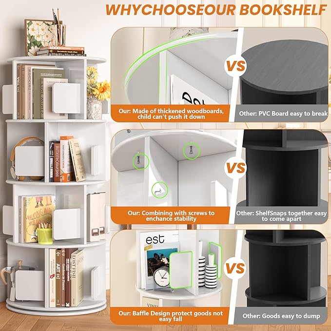 4-Tier Rotating Bookshelf Tower White, Wooden Spinning Bookshelves 360° Rotation Display, Revolving Bookcase Storage Round Carousel, Corner Free Standing Shelf for Kids Book and Toy Storage.