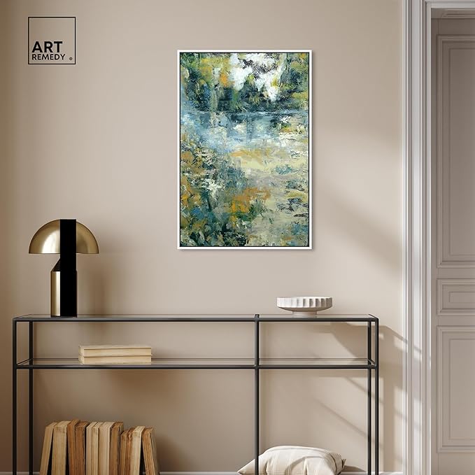 Art Remedy Green Moss Monet Garden Green Abstract Canvas Wall Art, White Floater Frame, 20"x30"