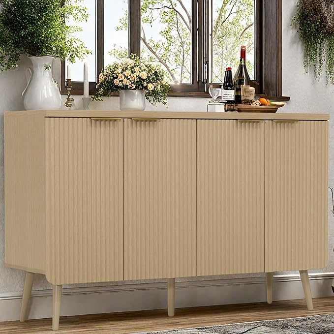 FONTOI Buffet Cabinet, Sideboard Fluted Cabinet Modern Kitchen Buffet Storage Cabinets with Doors and Shelves, Wood Farmhouse Coffee Bar Station for Entryway & Dining Room & Living Room, Natual Oak