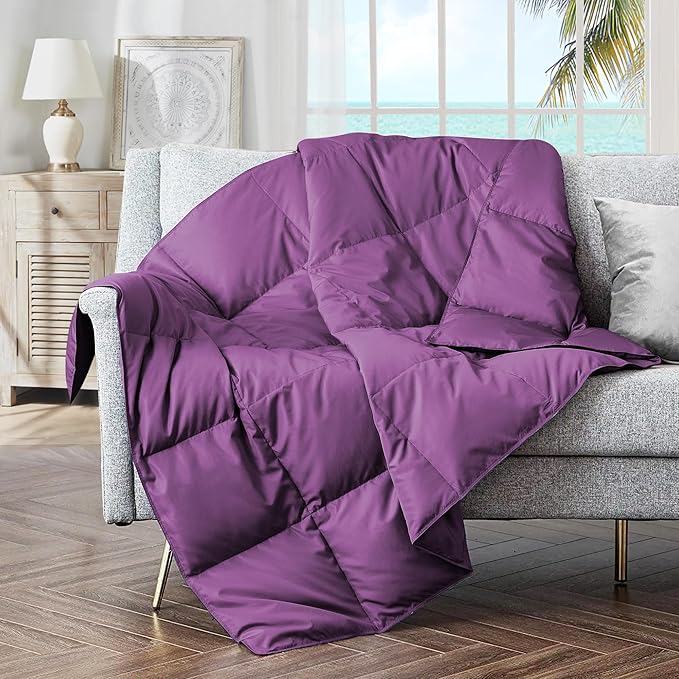 puredown® Soft Feather Down Throw Blanket Lightweight Packable Couch Throw for Indoor and Outdoor Use, Throw 50"X70", Purple