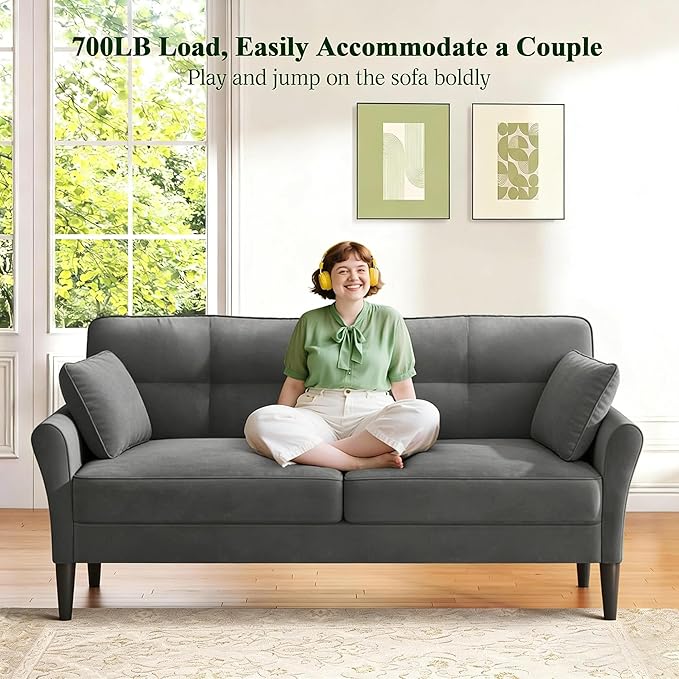 Loveseat Sofa, 69" Love Seat Couches, Comfy Velvet Small Couches for Small Spaces with 2 Pillows, Tool-Free Setup Sofas & Couches, 700lb Load Sofas for Living Room, Mini Couch for Bedroom, Grey Couch