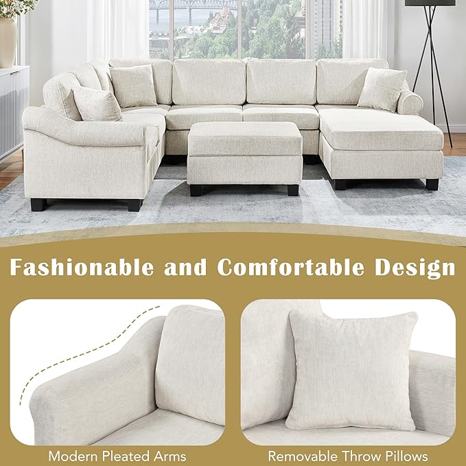 ERYE 112-Inch U-Shaped Sectional Sofa with Movable Storage Ottoman, Oversized Chenille Upholstered Corner Modular Sofa Couch W/Right Facing Chaise Lounge and 3 Toss Pillows