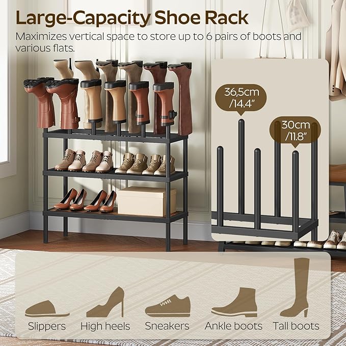 Free Standing Shoe Rack, 4 Tier Boots Rack Organizer, Tall Boots Rack for Closet, Cowboy Boot Storage, Holds 14 Pairs, Black and Rustic Brown SS29BR