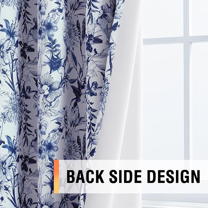 H.VERSAILTEX Blackout Curtains 96 Inch Length 2 Panels Set Floral Print Curtain Drapes for Living Room Thermal Insulated Grommet Window Curtains for Bedroom - French Jouy Flora in Blue