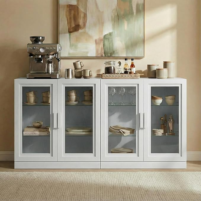 Casaphoria Adam Sideboard Buffet Cabinet with Storage, Display Cabinet with Glass Doors & Adjustable Shelves, 62" W x 36" H Buffet Cabinet for Entryway Kitchen Living Room, White