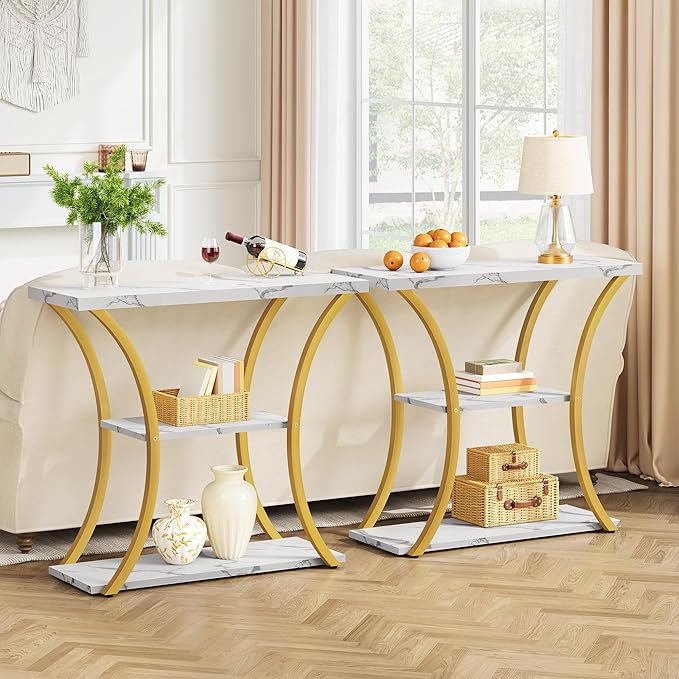 Hoctieon 3 Tier Console Table with Open Wood Shelves, Decorative Entryway Table with Curved Metal Frames, Narrow Sofa Table for Entrance, Living Room, Hallway, Gold and White Marbled