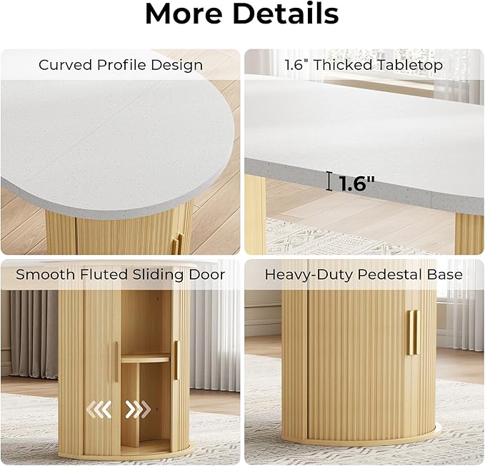 IRONCK 71" Fluted Oval Dining Table for 4-6, Modern Farmhouse Kitchen Table with Storage Shelves, Thickened Gray & White Quartz Top and Sturdy Base for Dining Room or Home Office, Oak