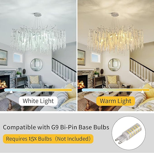 Modern Tree Branch Chandeliers Chrome D39.4'', Crystal Raindrop Chandelier for Living Room, Round Art Deco Lighting Fixture for for Dining Room Foyer Bedroom 15 Lights
